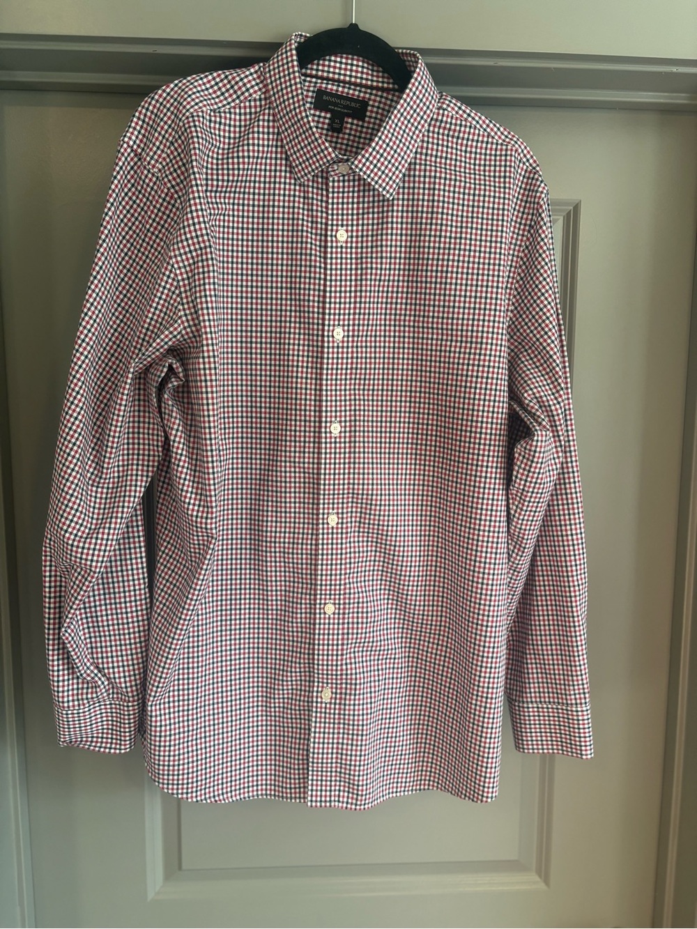 Banana Republic Men's Red and Blue Mini Check Dress Shirt